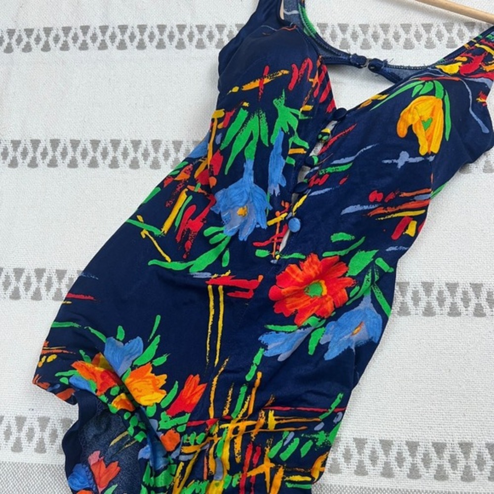 Vtg SEARS 70s One Piece Retro Artsy Swimsuit Watercolor Neon Floral Navy Pinup
